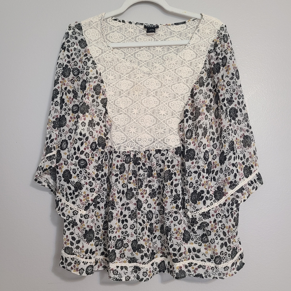 Torrid Lace Front Floral-print Flowy Chiffon Half-sleeve Blouse Top 0x / Large
